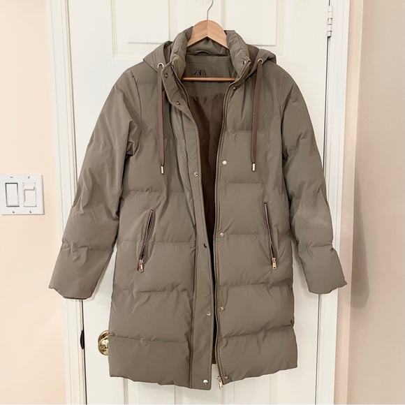 Zara Taupe Hooded Quilted Puffer Coat Size XS - Picture 5 of 16